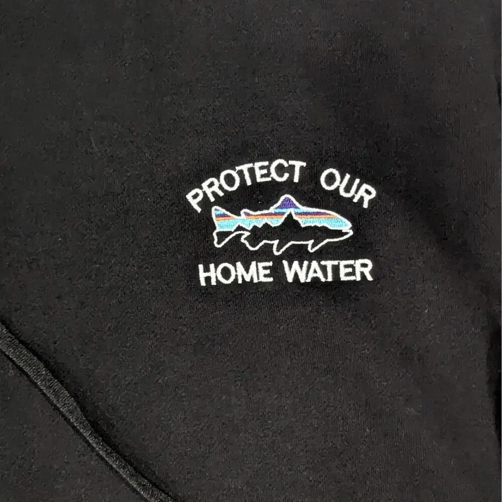 Patagonia Hoodie L Black “Protect Our Home Water” Trout Embroidered Pullover - Picture 2 of 6